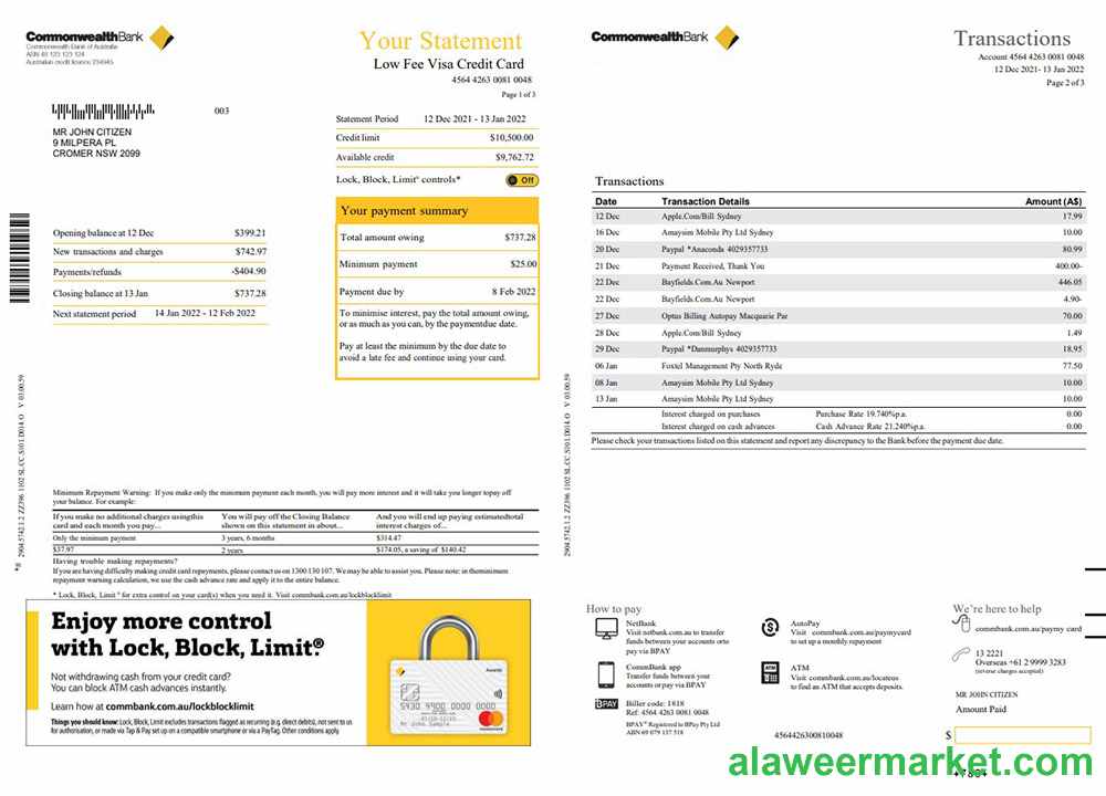 Australia Commonwealth bank statement, Word and PDF template, 3 pages